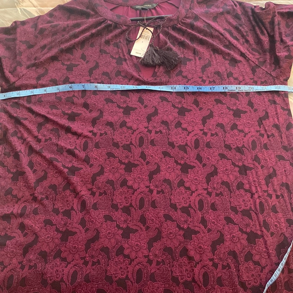 Banana Republic wine & black dress w keyhole neck & fringe tie L NWT PTP 23 - Picture 9 of 16